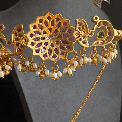 Peacock Floral Gold Choker with Ruby Kemp Stones - TRADITIONAL