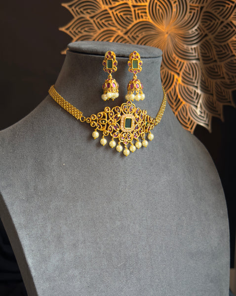 Traditional Gold Choker Set with Red/Green Kemp Stones Jhumka - TRADITIONAL