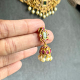 Traditional Gold Choker Set with Red/Green Kemp Stones Jhumka - TRADITIONAL