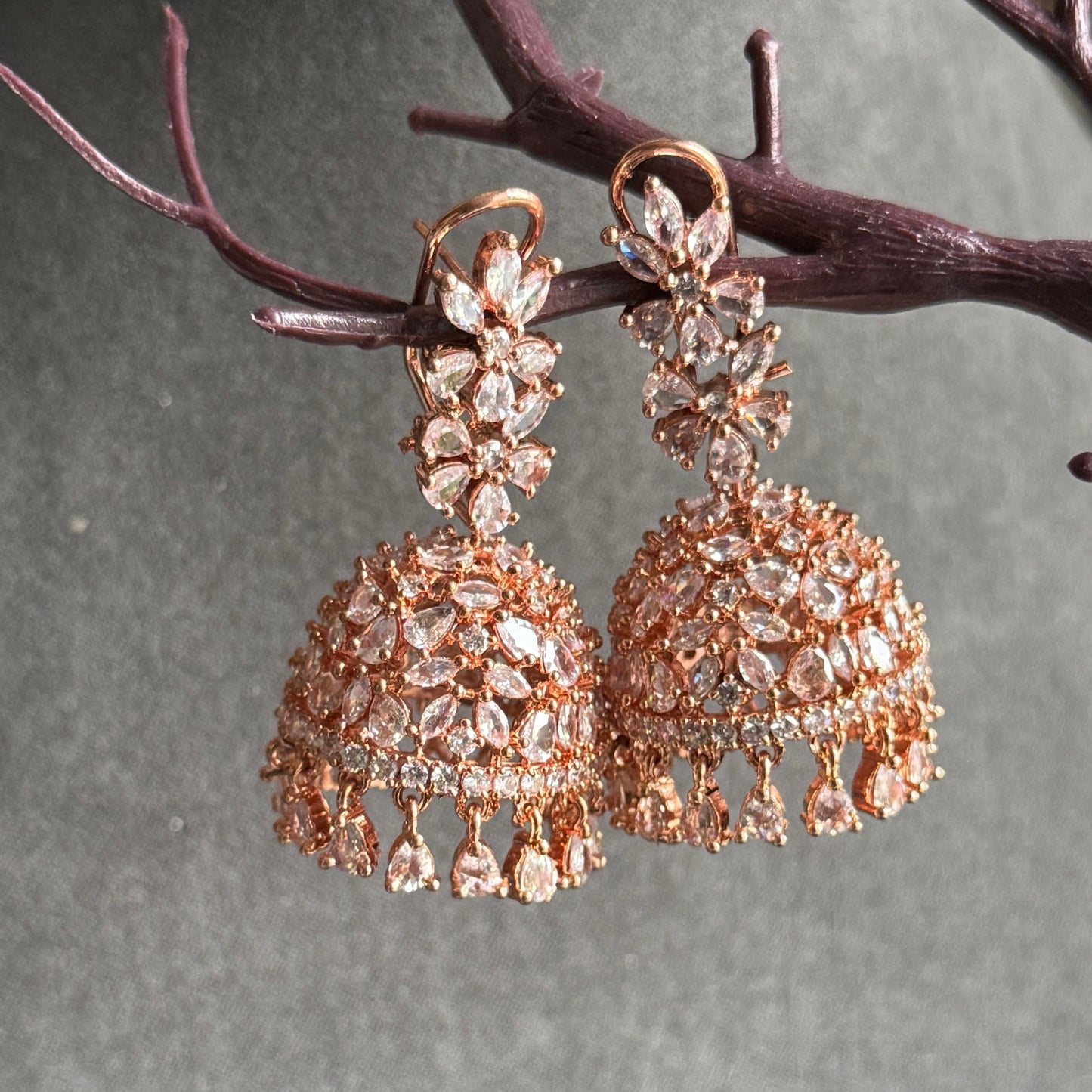 RoseGold Blossom Jhumka Earrings Zircon Crystals - INDO WESTERN