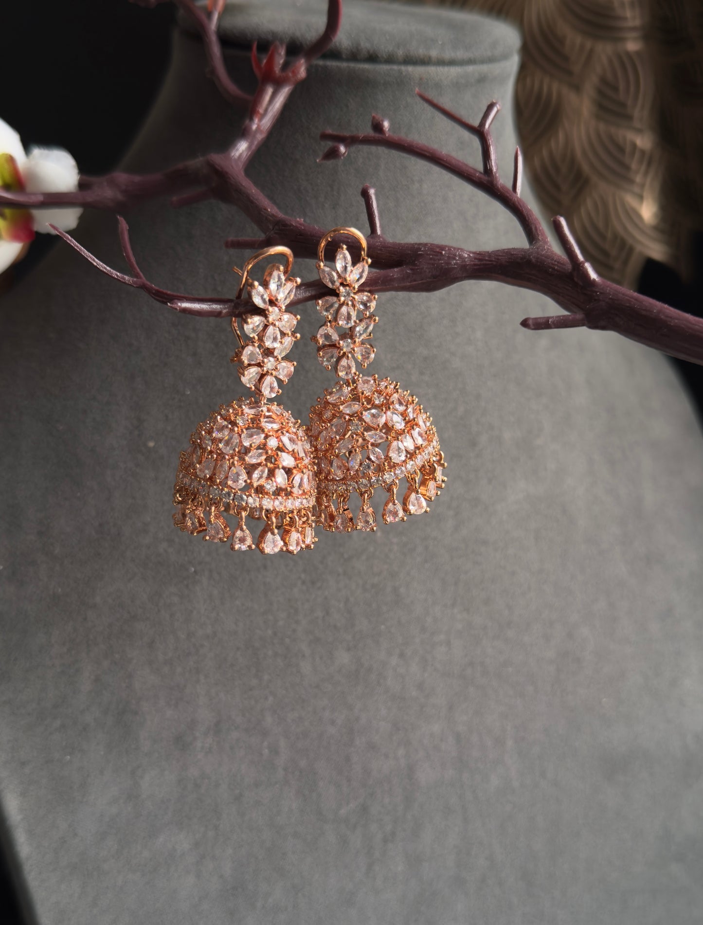 RoseGold Blossom Jhumka Earrings Zircon Crystals - INDO WESTERN