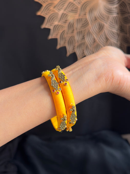 Peacock Yellow Silk Thread Handmade Kundan Bangle - FUSION