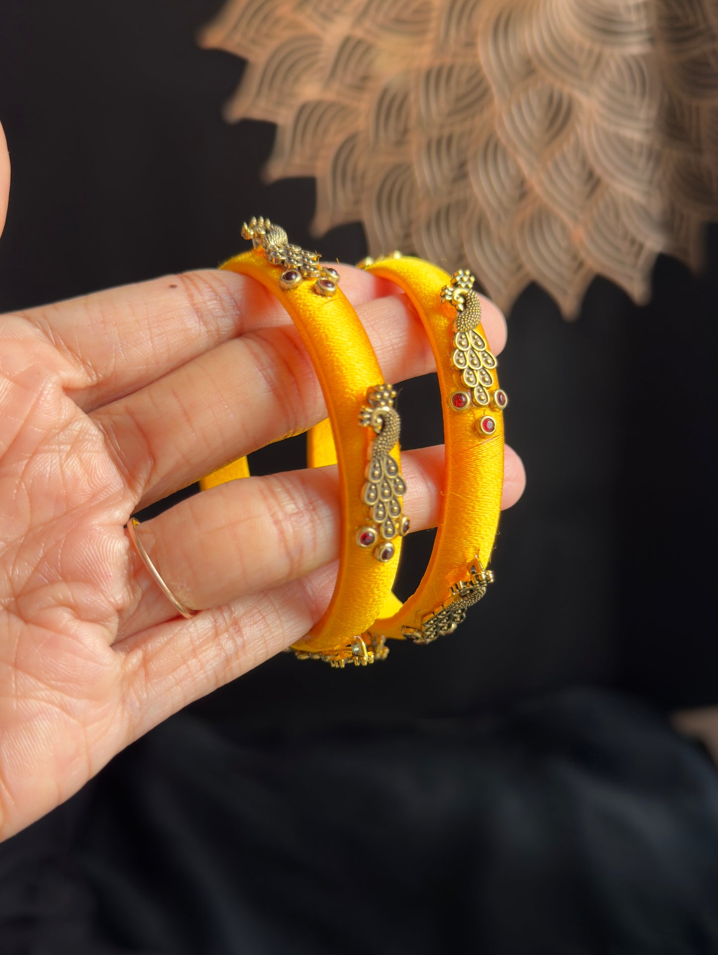 Peacock Yellow Silk Thread Handmade Kundan Bangle - FUSION