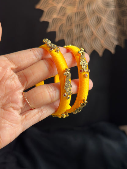 Peacock Yellow Silk Thread Handmade Kundan Bangle - FUSION