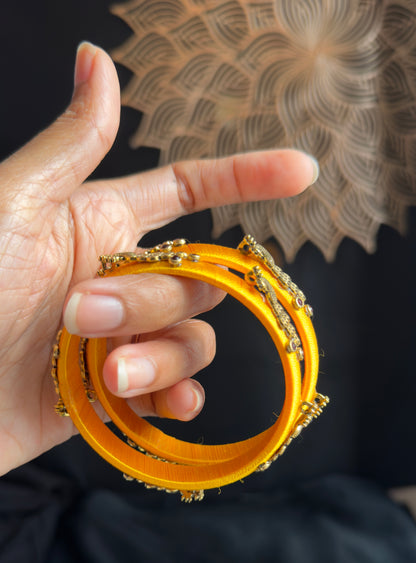 Peacock Yellow Silk Thread Handmade Kundan Bangle - FUSION