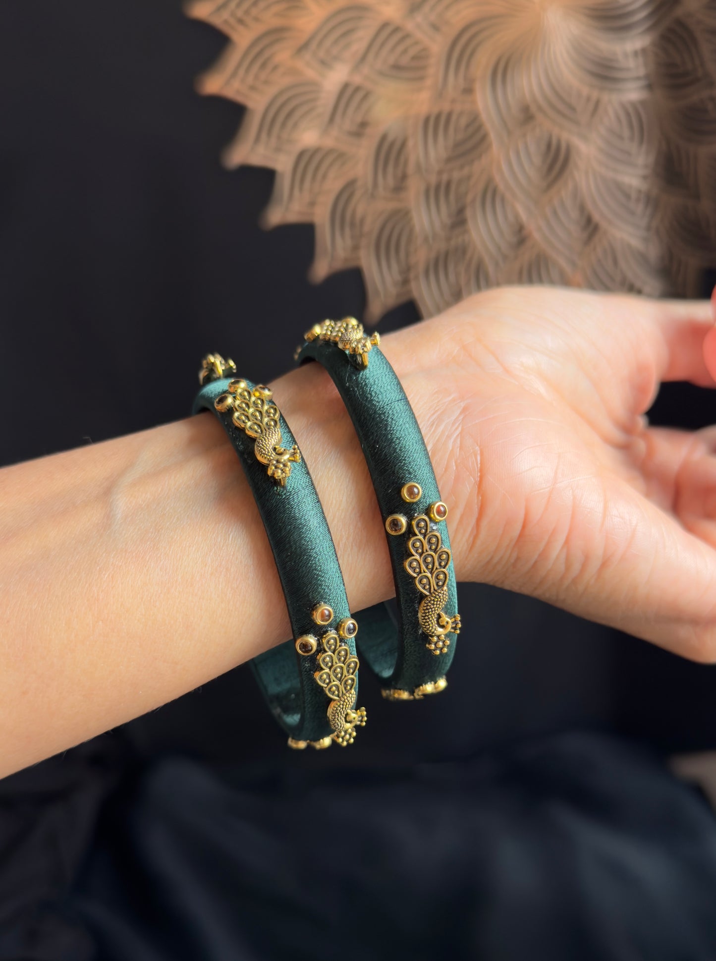 Peacock Green Silk Thread Handmade Kundan Bangle - FUSION