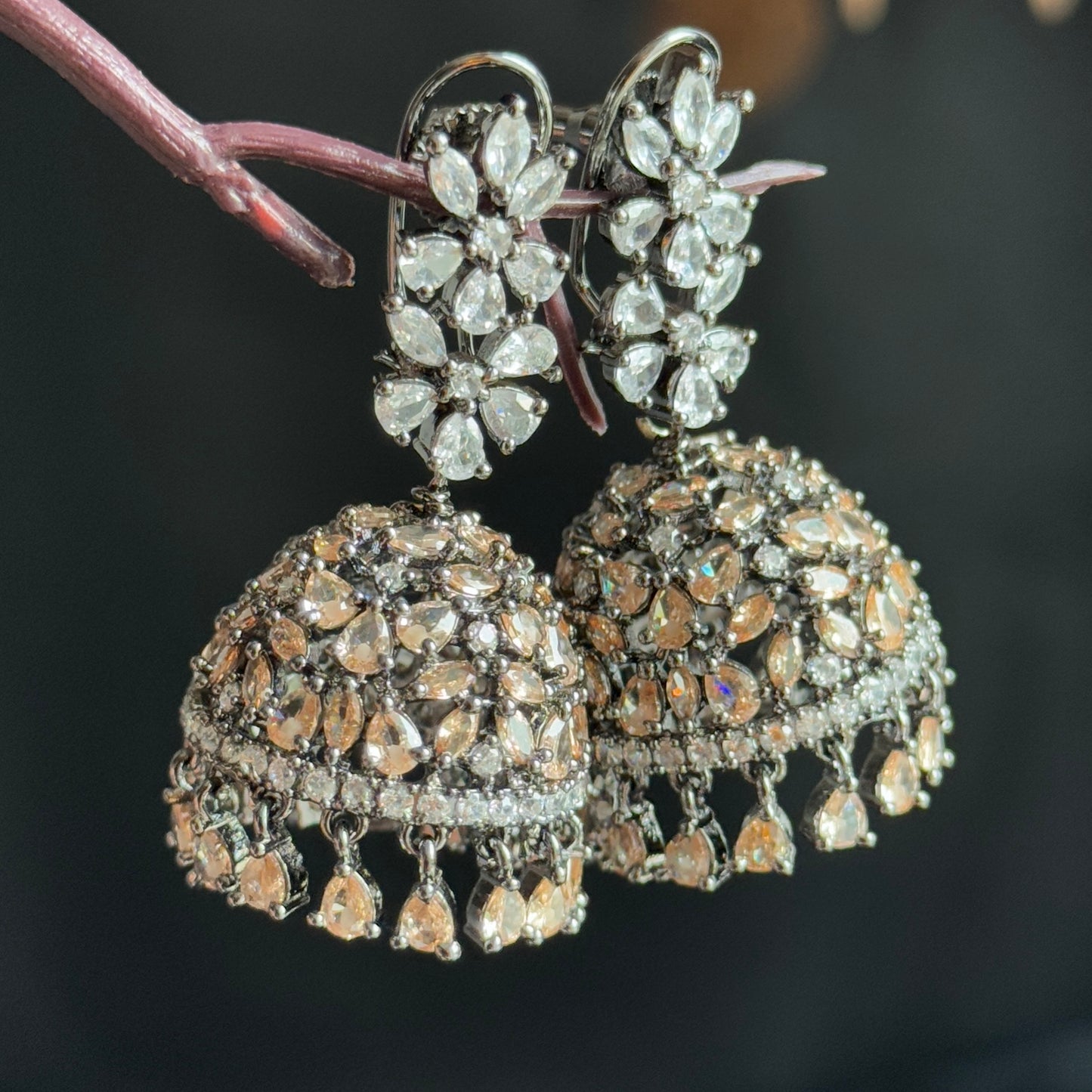 Black Blossom Jhumka Earrings Zircon Crystals - INDO WESTERN