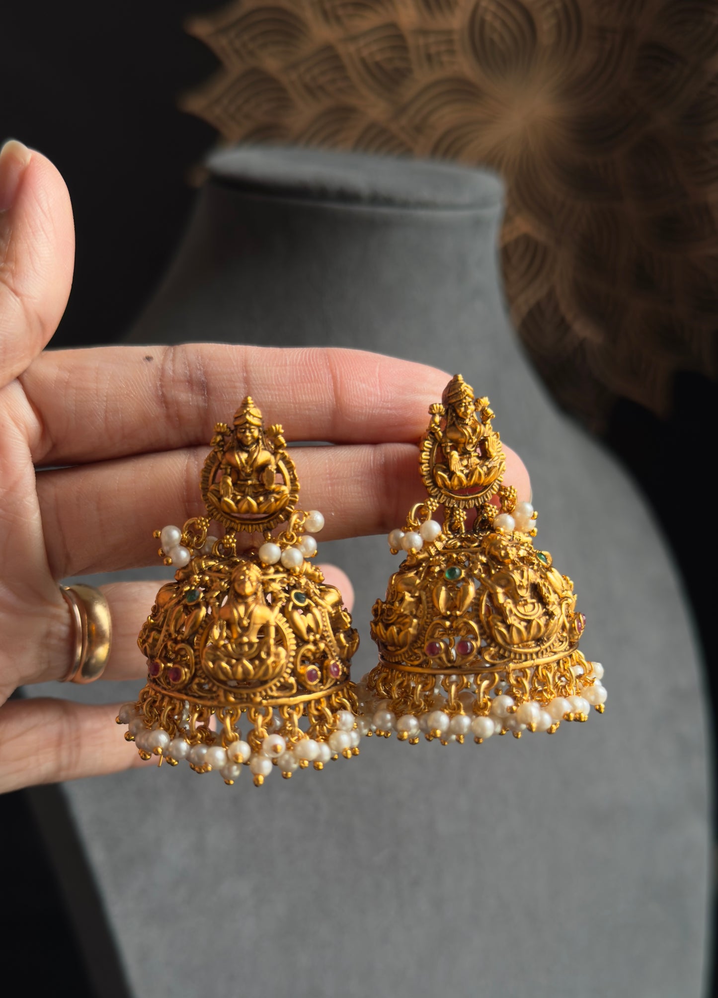 Antique Nakshi Lakshmi Matt Gold Jhumka - TEMPLE