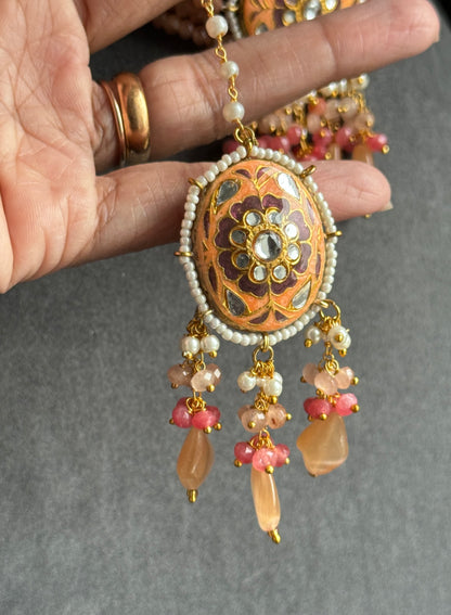 Orange Pastel Gold-Plated Jadau & Meenakari Necklace Set - SPECIAL