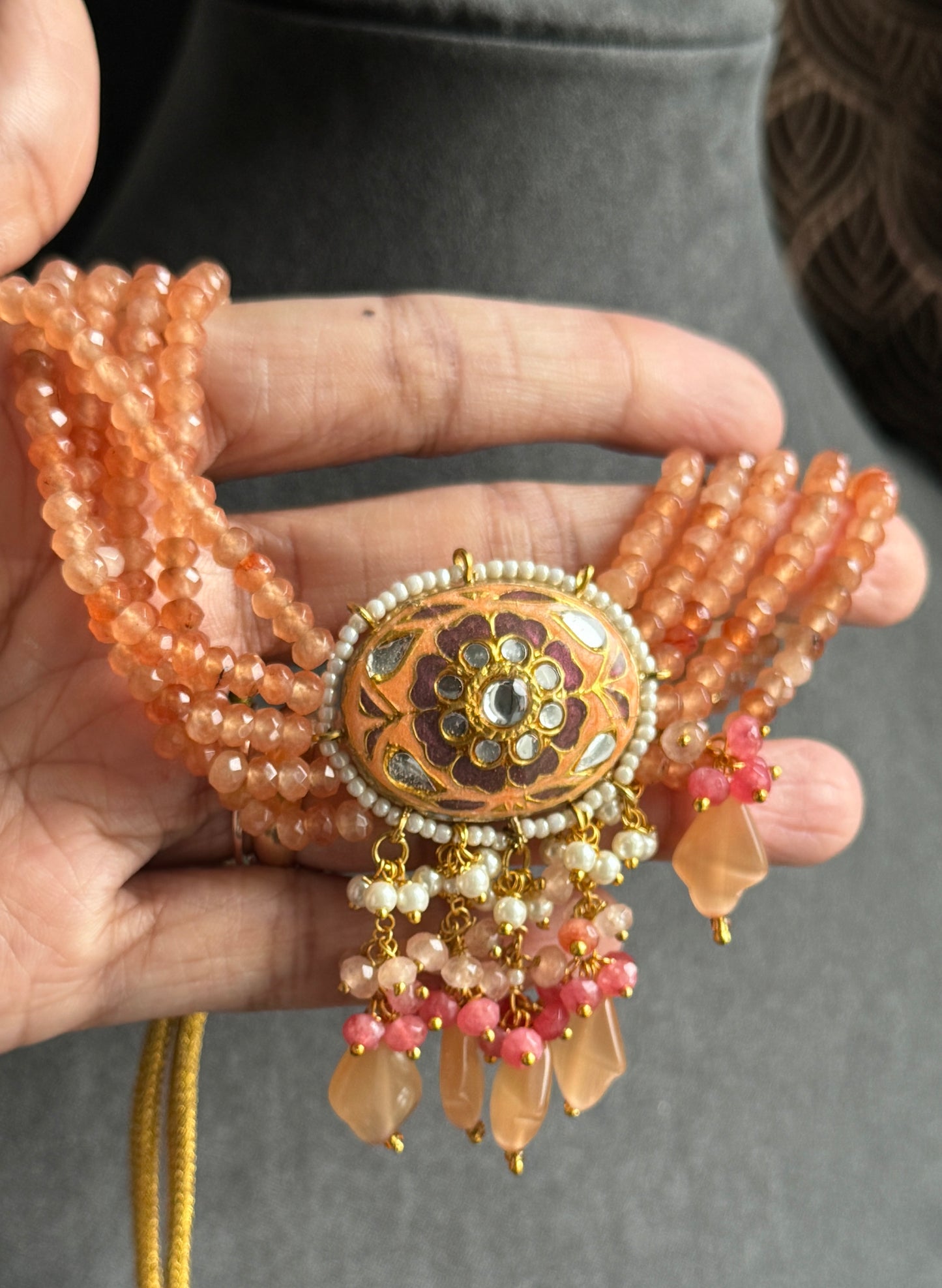 Orange Pastel Gold-Plated Jadau & Meenakari Necklace Set - SPECIAL