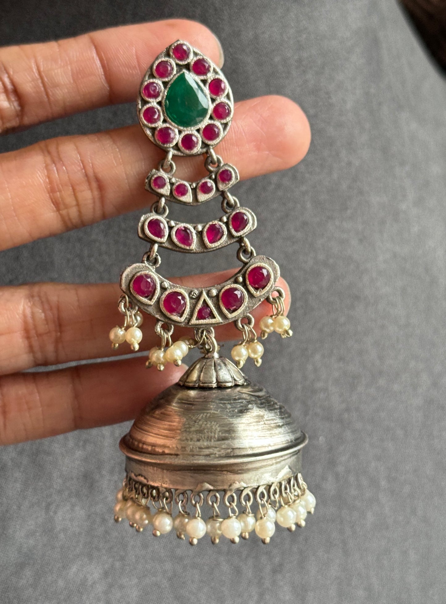 Alia German Silver Lightweight Jhumka, Ruby - FUSION