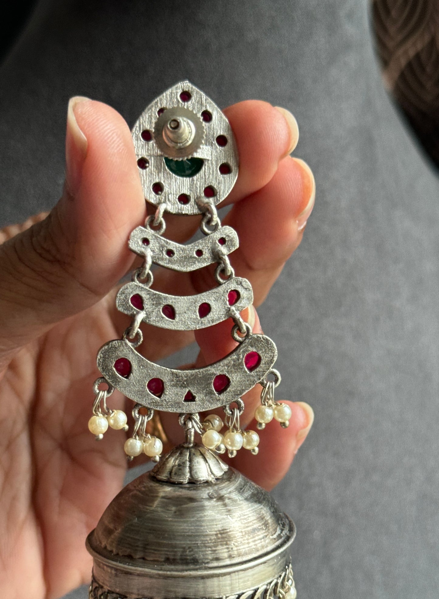 Alia German Silver Lightweight Jhumka, Ruby - FUSION