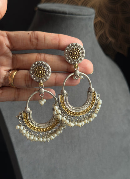 Dual-Tone Silver Chandbali Dangler, Pearl - FUSION