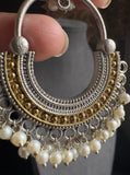 Dual-Tone Silver Chandbali Dangler, Pearl - FUSION