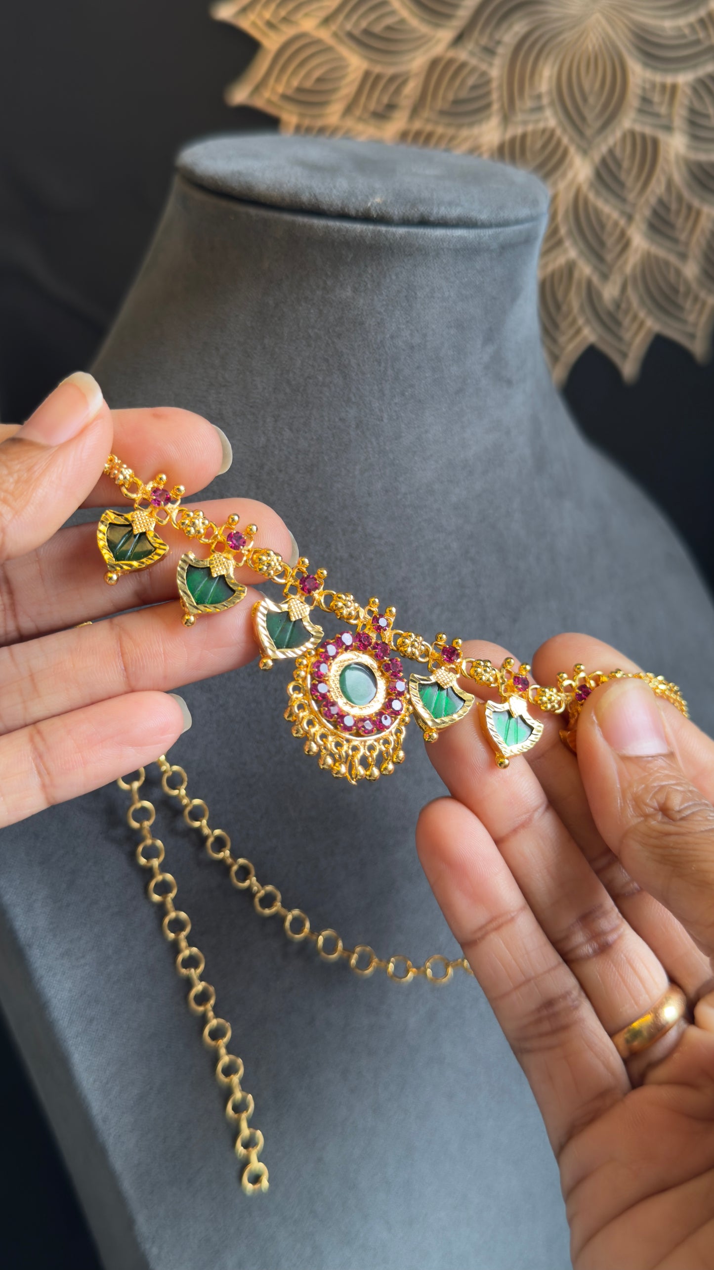 Traditional Green Palakka Microgold Necklace set South Indian Jewellery UK
