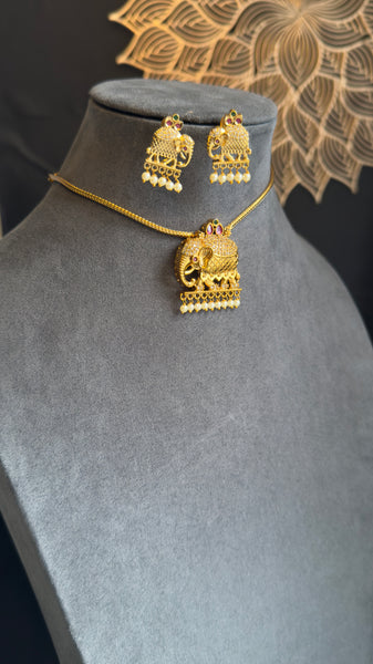 Elephant Pendant Gold Indian Necklace with Stud Earrings