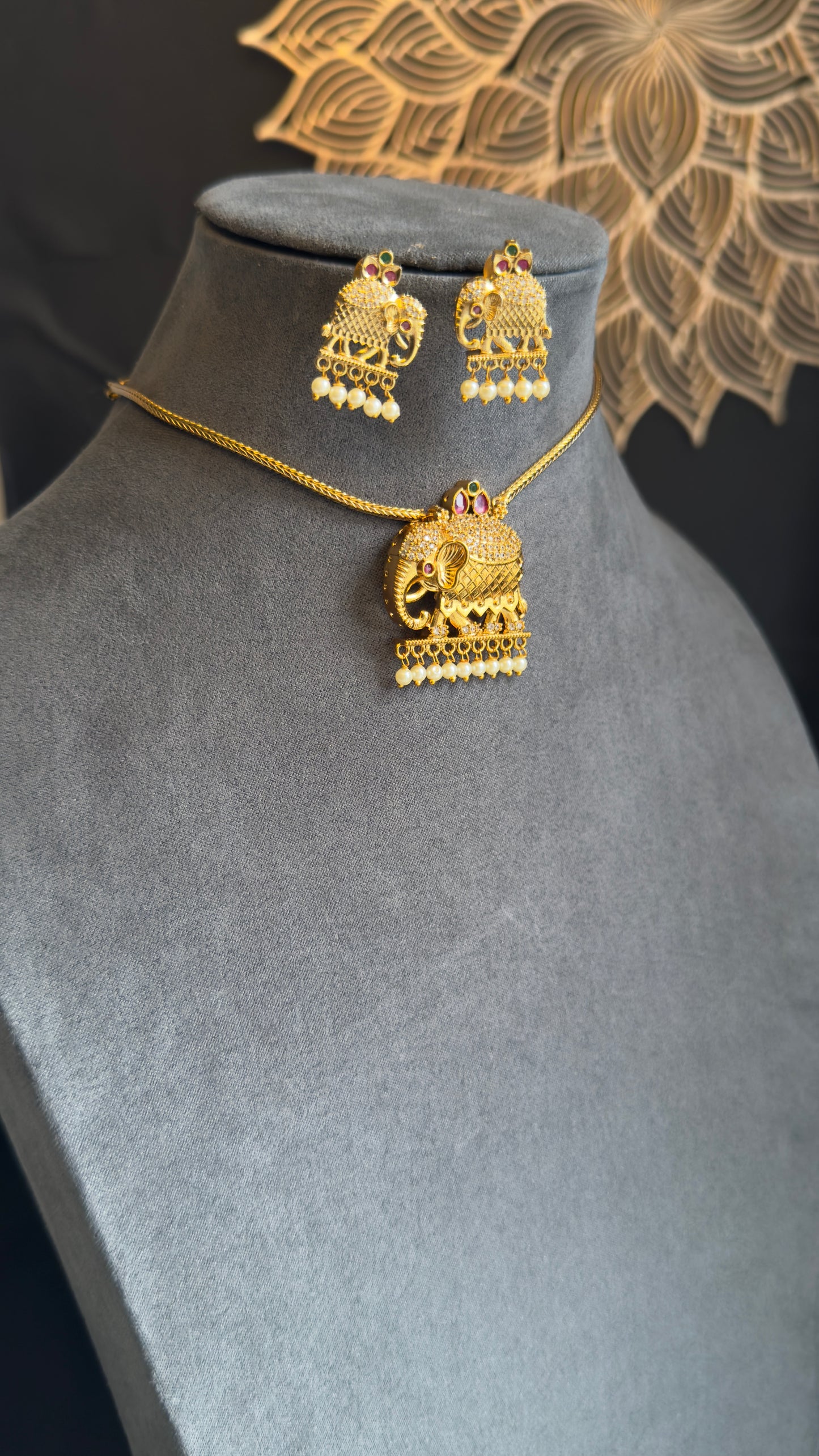Elephant Pendant Gold Indian Necklace with Stud Earrings
