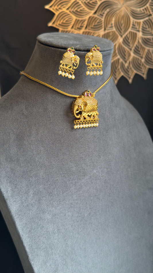 Elephant Pendant Gold Indian Necklace with Stud Earrings