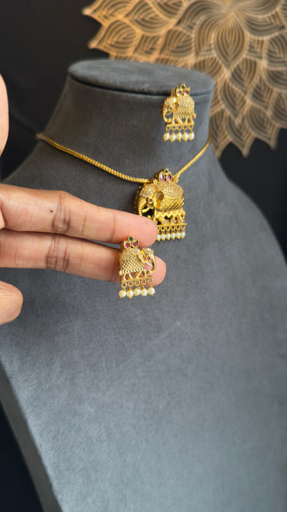 Elephant Pendant Gold Indian Necklace with Stud Earrings
