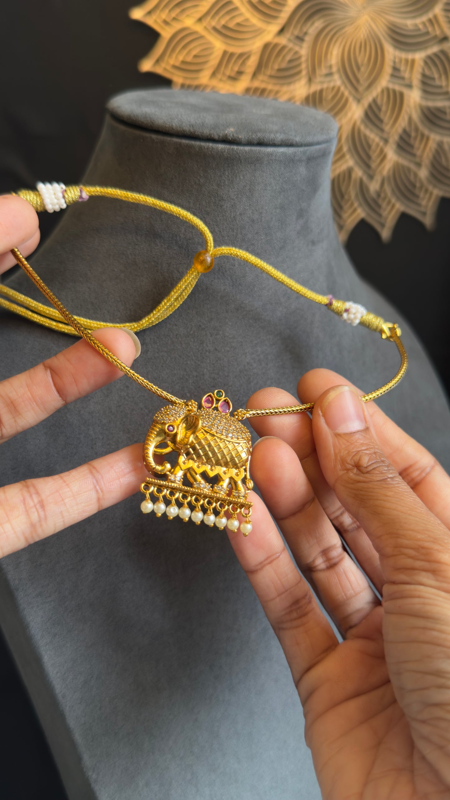 Elephant Pendant Gold Indian Necklace with Stud Earrings