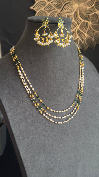 Handmade Pearl Necklace Dainty Mala Necklace with earrings