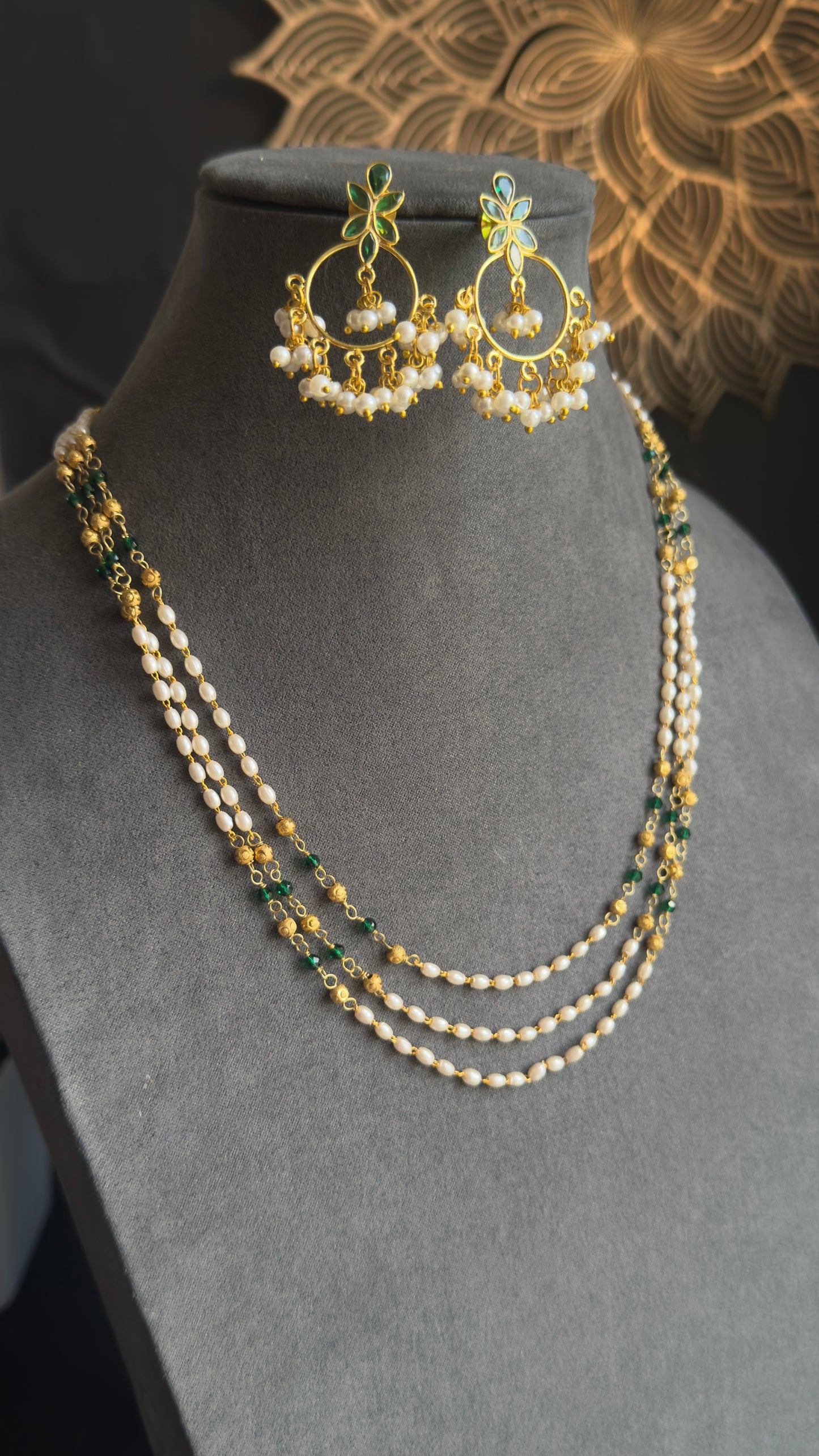 Handmade Pearl Necklace Dainty Mala Necklace with earrings