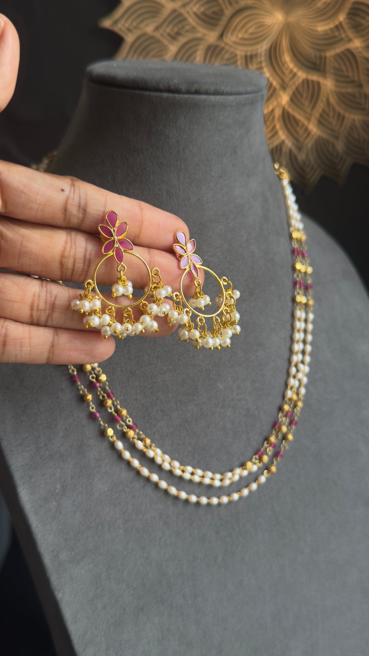 Handmade Pearl Necklace Dainty Mala Necklace with earrings