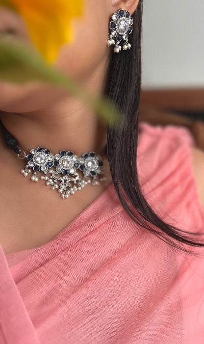 Flower Inspired German Silver Oxidized Necklace - SILVER