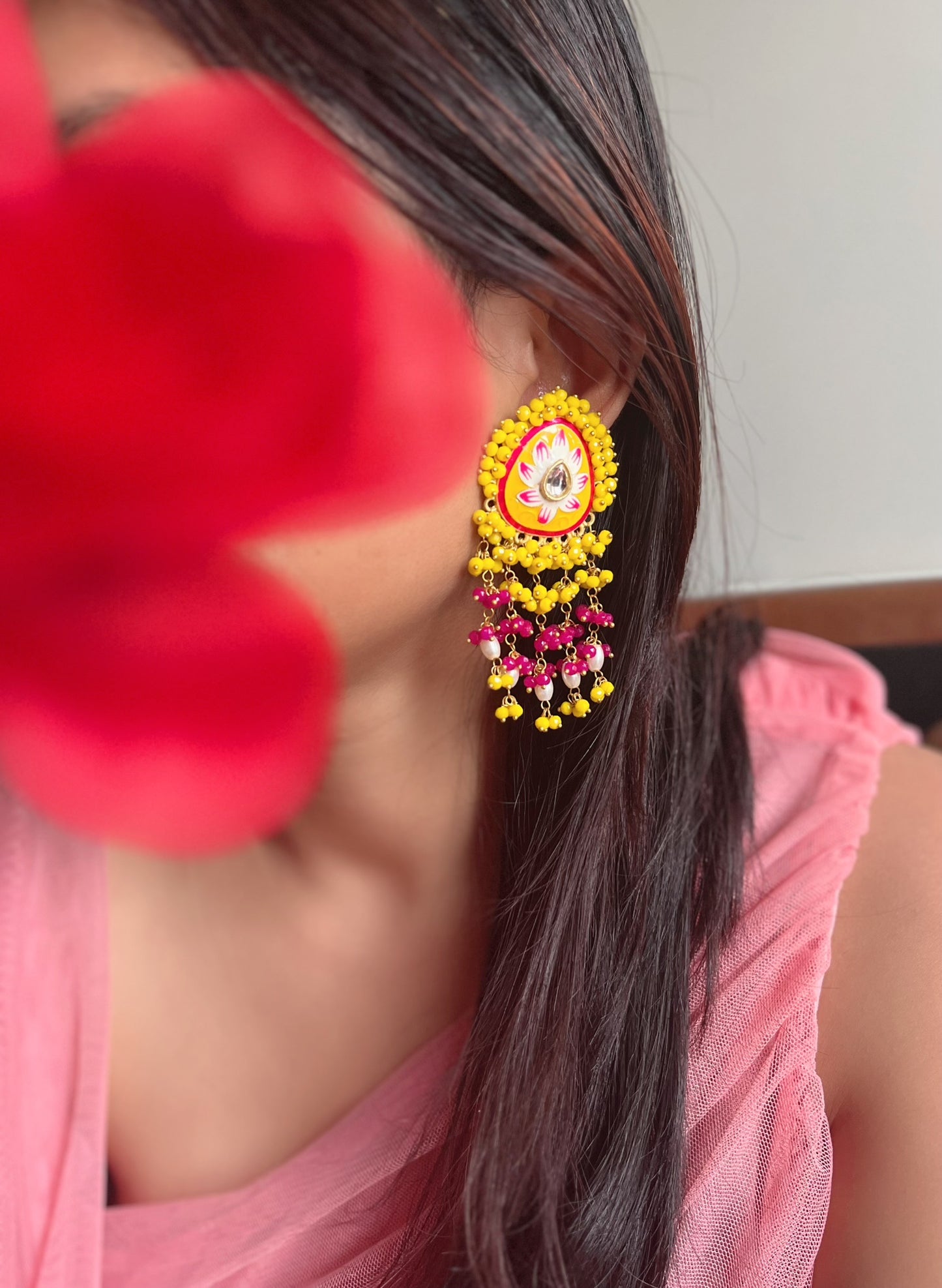 Unique Hand-Painted Meenakari Beaded Earrings | Mehendi Party Jewelry | Pearl Earrings Tikka Set