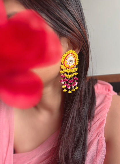 Unique Hand-Painted Meenakari Beaded Earrings | Mehendi Party Jewelry | Pearl Earrings Tikka Set