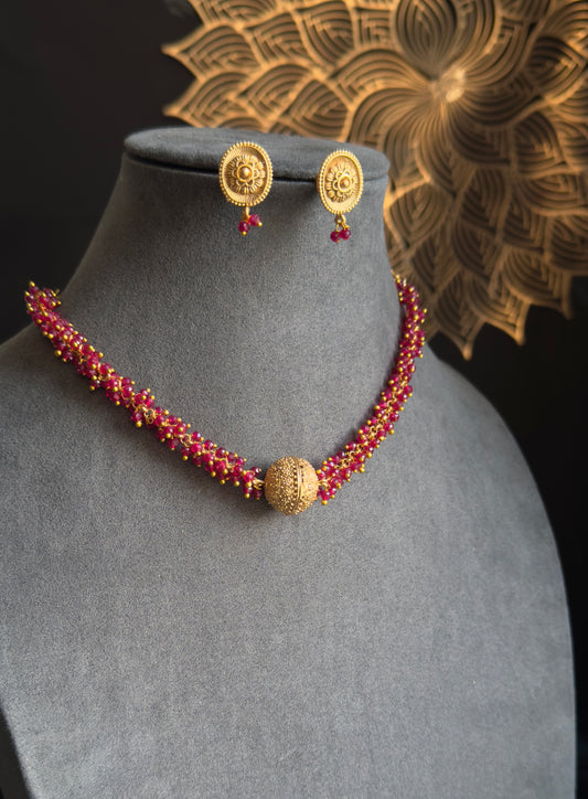 Golden Ball Pendant Red cluster Pearl Necklace Set - BUDGET