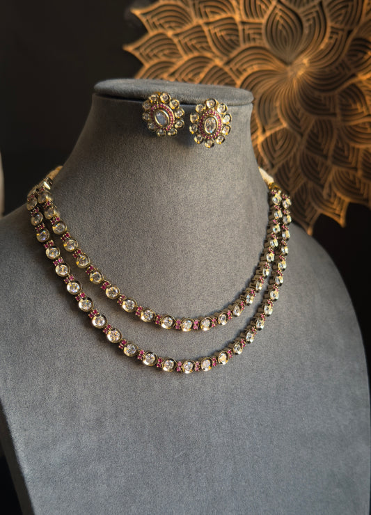 2 line Tear Drop Matt Gold Necklace Set - AMERICAN DIAMOND