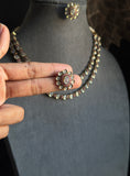 2 line Tear Drop Matt Gold Necklace Set - AMERICAN DIAMOND