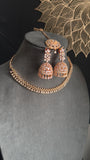 Rosegold Necklace Set with Jhumka & Tikka | CZ Stones - INDO WESTERN