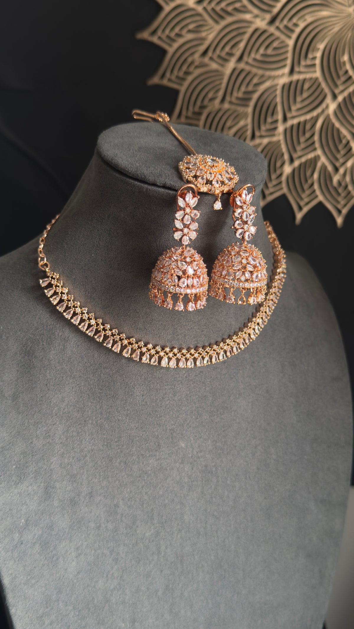 Rosegold Necklace Set with Jhumka & Tikka | CZ Stones - INDO WESTERN