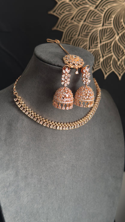 Rosegold Necklace Set with Jhumka & Tikka | CZ Stones - INDO WESTERN