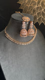 Rosegold Necklace Set with Jhumka & Tikka | CZ Stones - INDO WESTERN