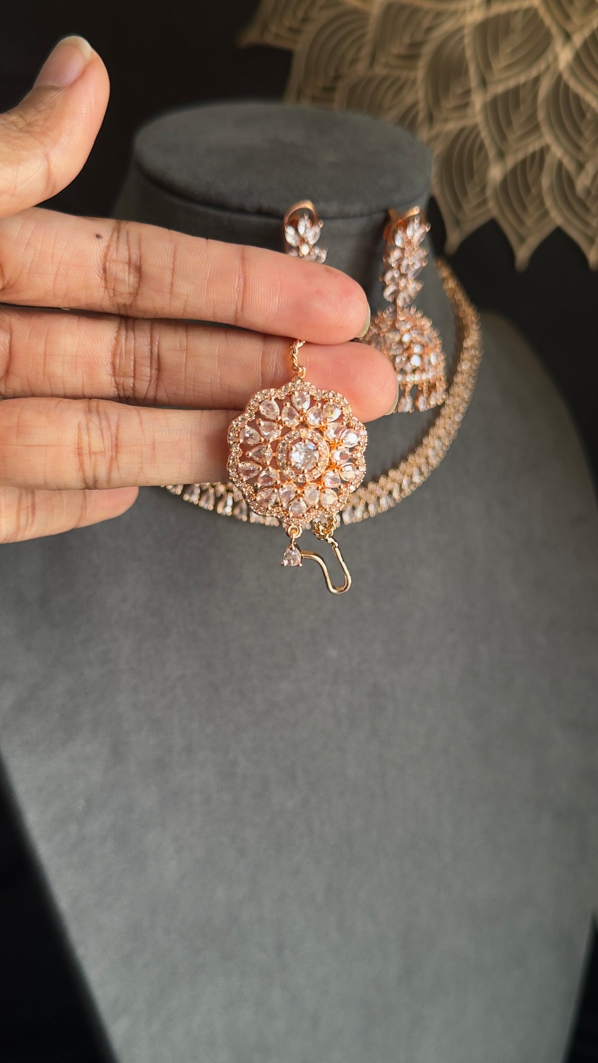 Rosegold Necklace Set with Jhumka & Tikka | CZ Stones - INDO WESTERN