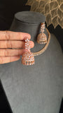 Rosegold Necklace Set with Jhumka & Tikka | CZ Stones - INDO WESTERN