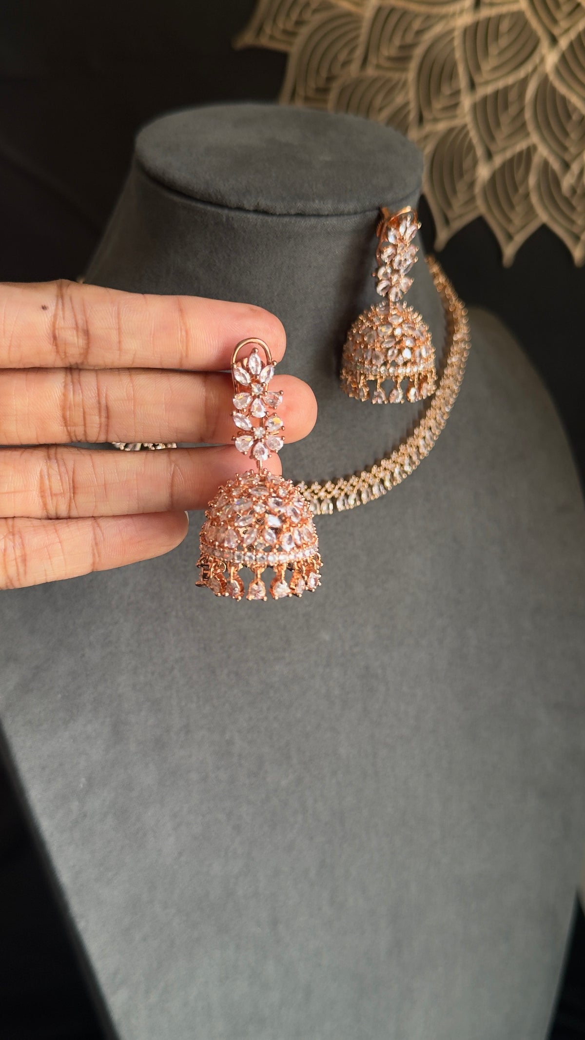 Rosegold Necklace Set with Jhumka & Tikka | CZ Stones - INDO WESTERN