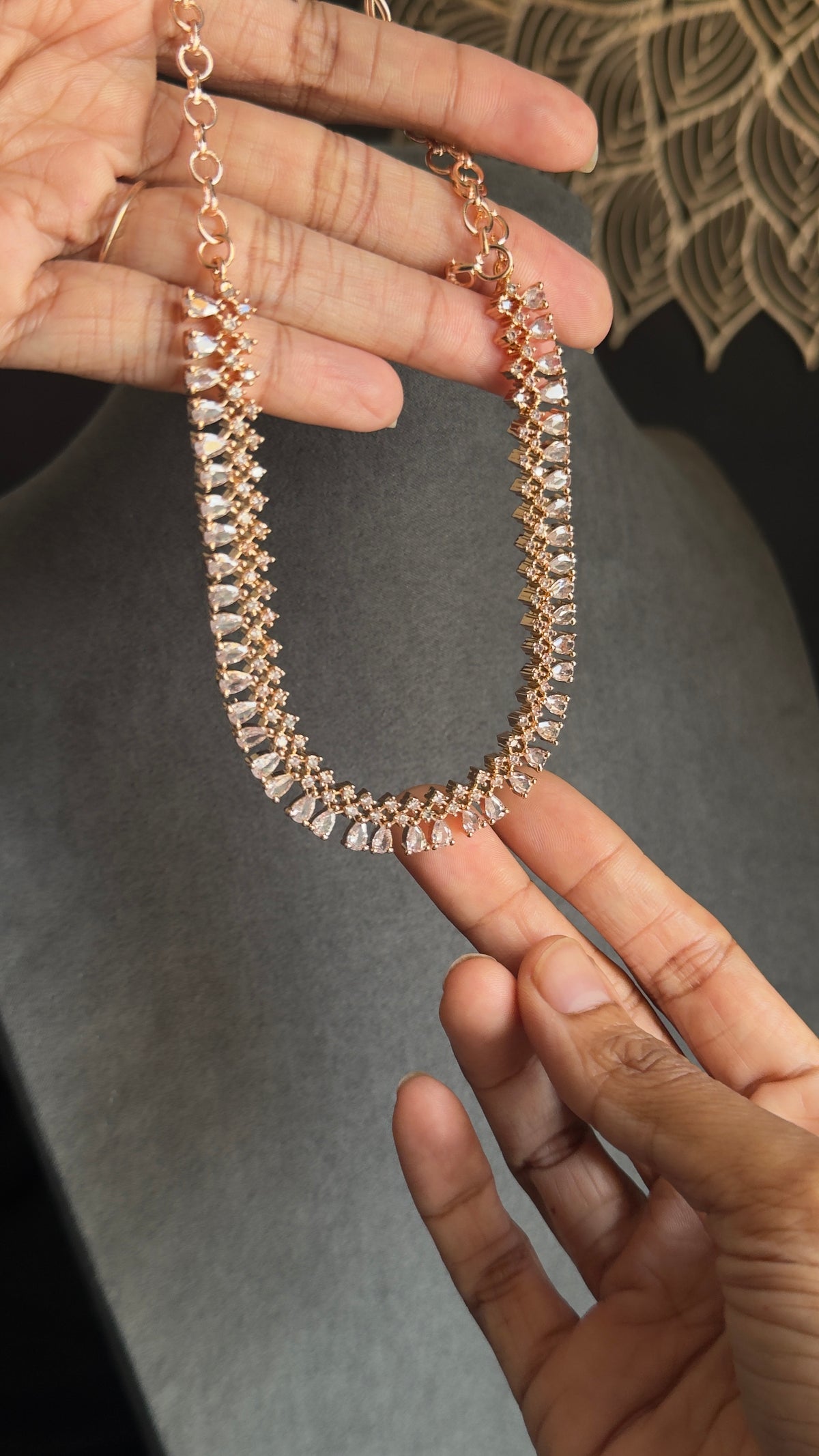 Rosegold Necklace Set with Jhumka & Tikka | CZ Stones - INDO WESTERN