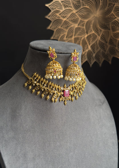 Gold South Indian Kemp AD Choker Indian Jewelry Necklace Set jhumka earrings - FUSION