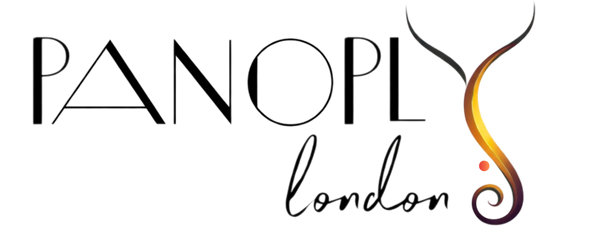 Panoply London logo with stylized text and decorative elements on a white background