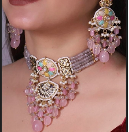 Pastel Gold-Plated Jadau & Meenakari Necklace Set - SPECIAL