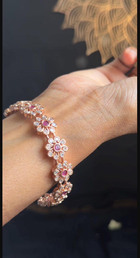 Rose Gold Flower Cubic Zirconia Bangles - INDO WESTERN