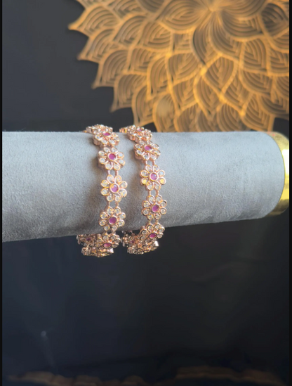Rose Gold Flower Cubic Zirconia Bangles - INDO WESTERN