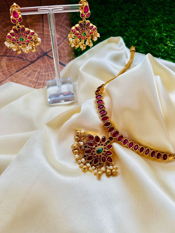 Traditional Kemp Atigai Set with Ruby Danglers - South Indian TRADITIONAL