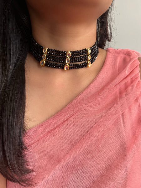 Regal Black Onyx Beads Choker with Kundan Meenakari - BOLLYWOOD