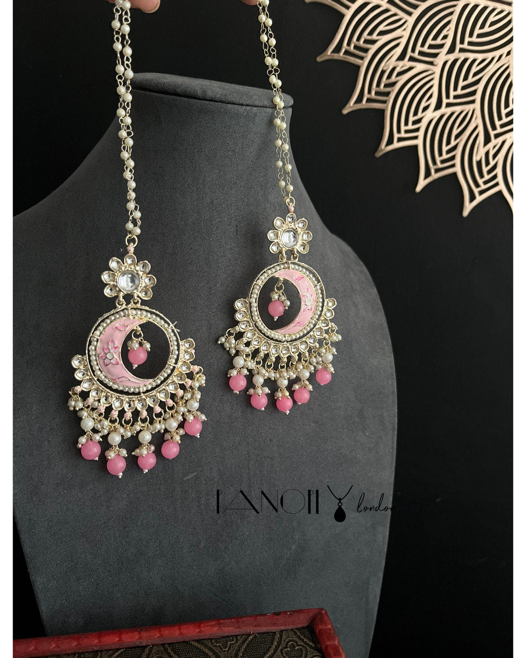 Painted Chandbali with Pearl & Earchain Support - BOLLYWOOD