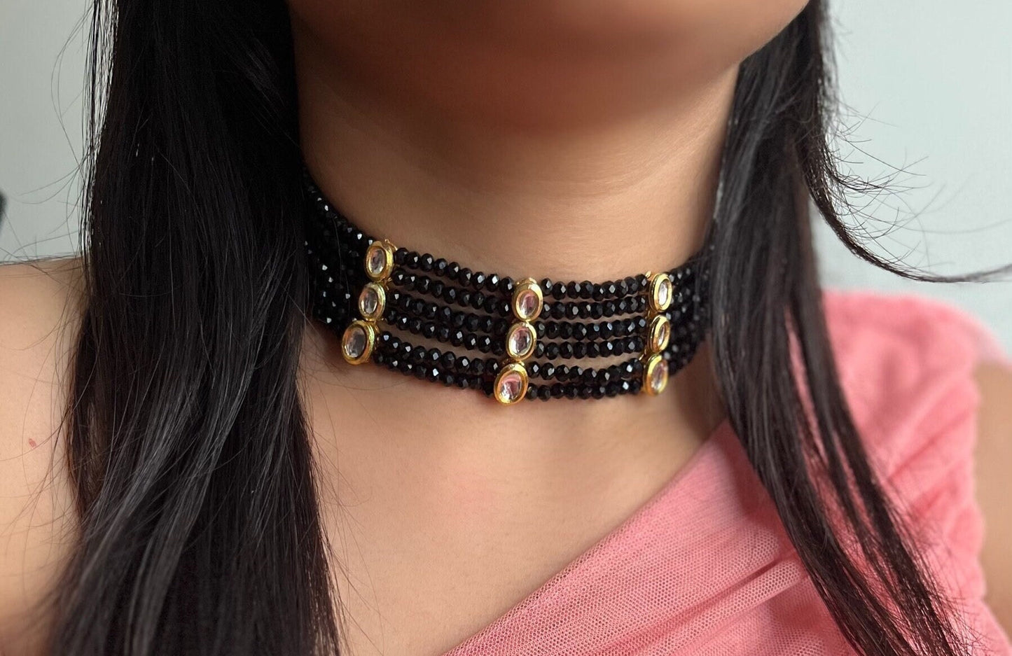 Regal Black Onyx Beads Choker with Kundan Meenakari - BOLLYWOOD